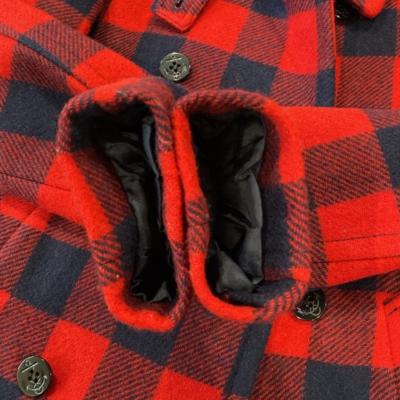 J. Crew 100% Wool Red & Navy Buffalo Check Plaid Pea Coat  Double Buttons Size 2 - Picture 11 of 14